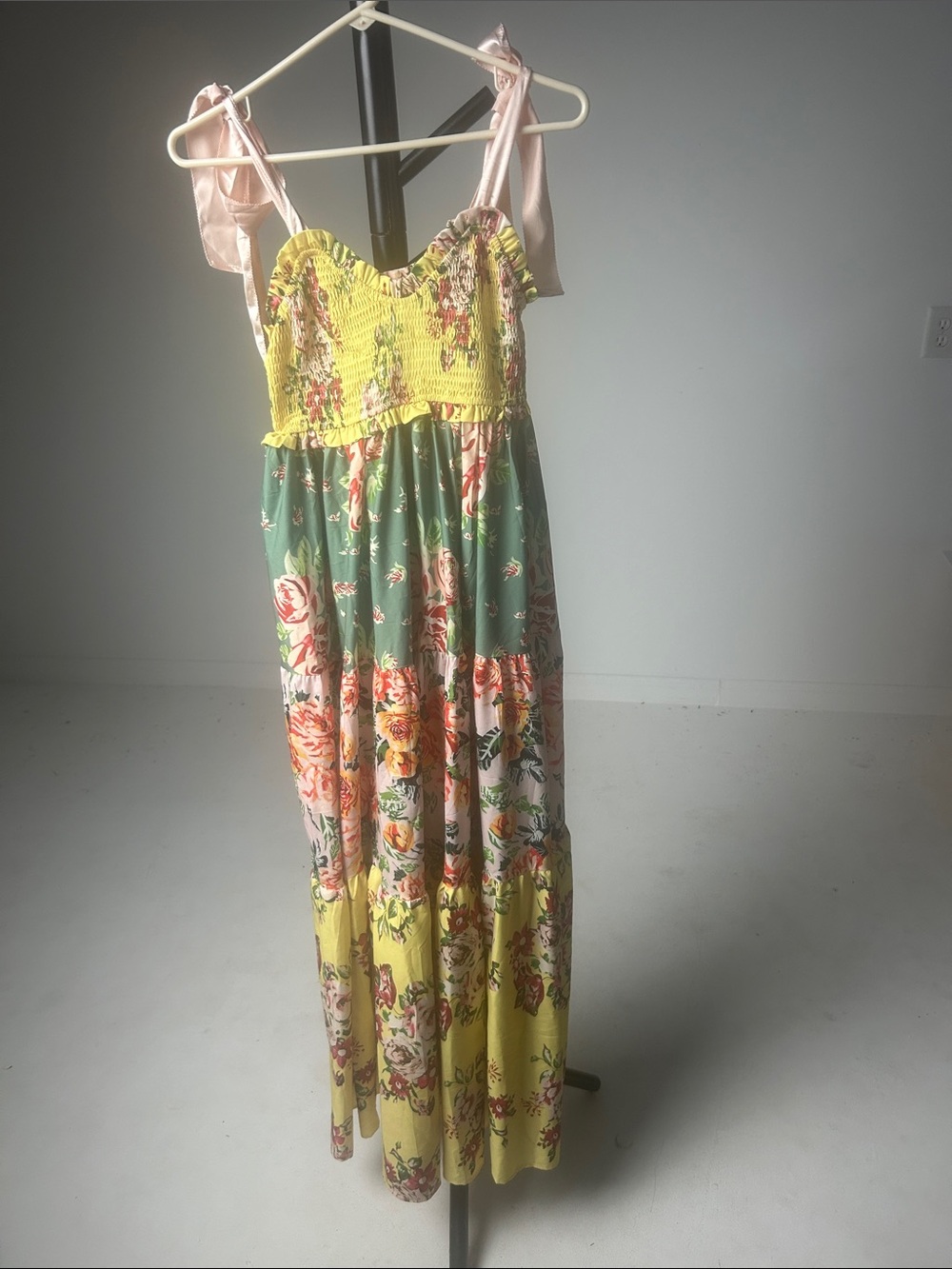 Floral Tiered Maxi Dress in Yellow, Green & Pink